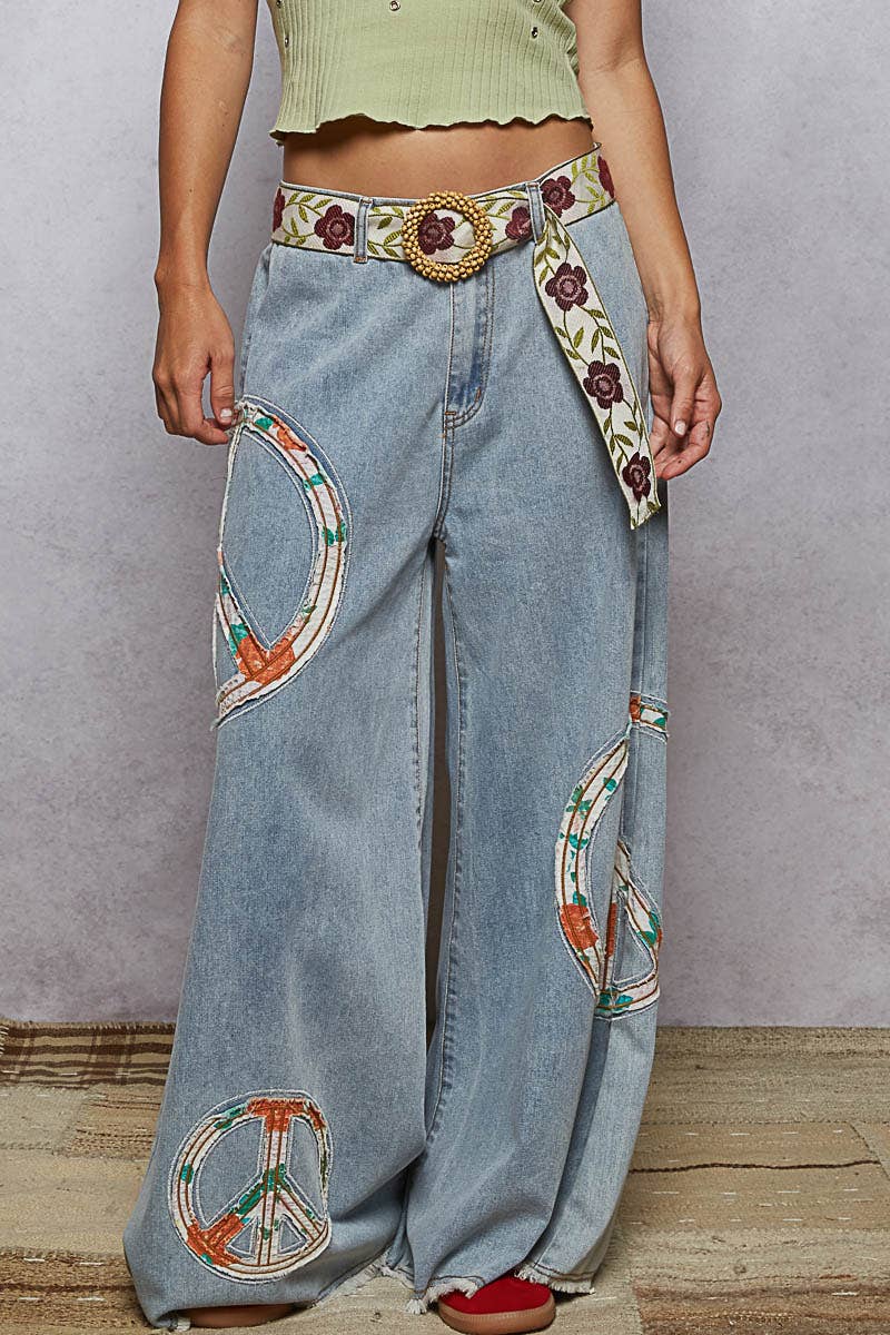 POL Piper Peace Patch Wide Pants ~ Light Denim