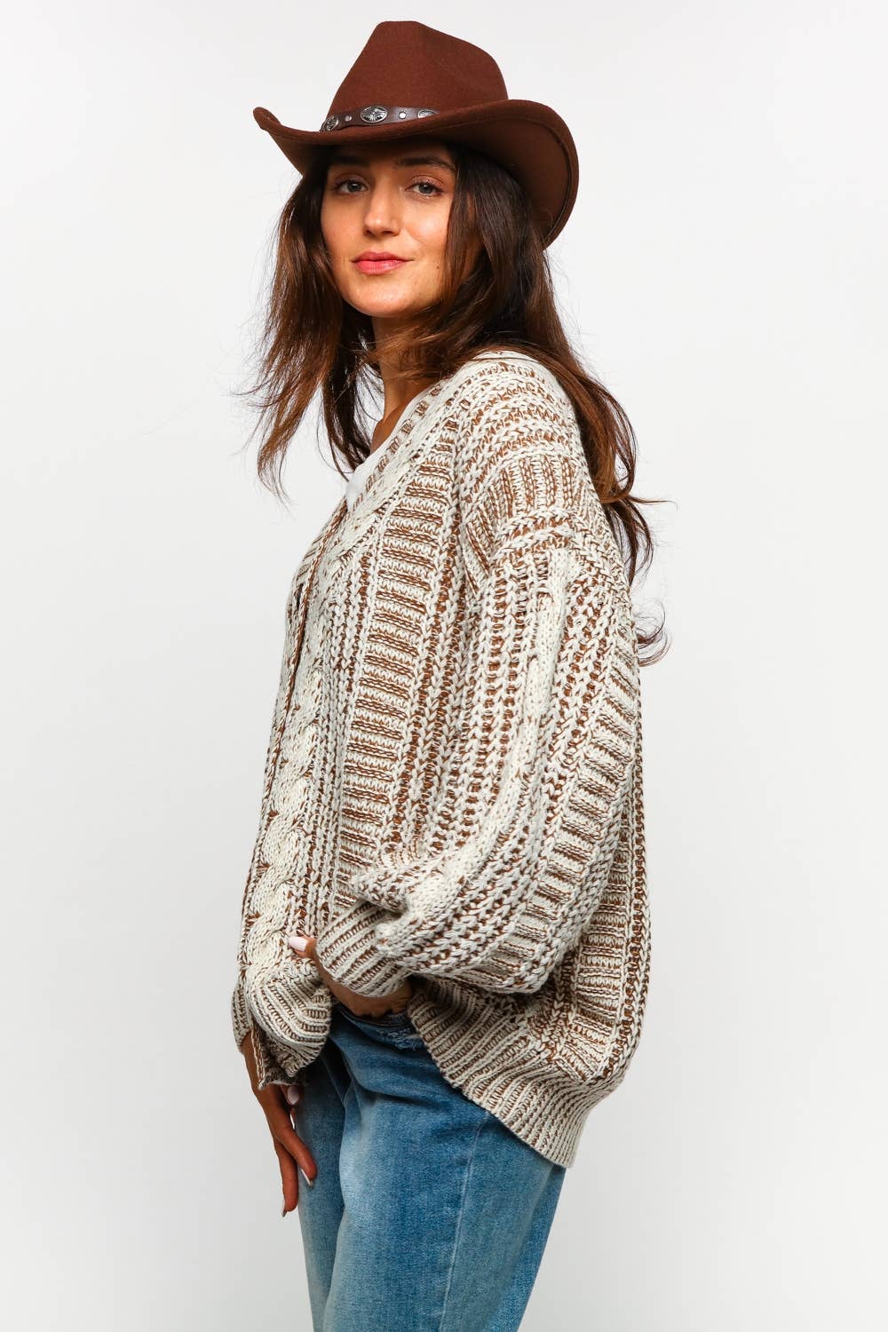 Tessa Two Tone Cable Chunky Sweater Cardigan ~ Oatmeal/Taupe
