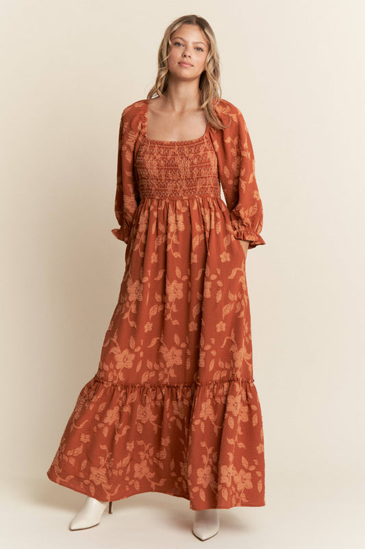 Felicity Floral Smocked Bodice Maxi Dress ~ Brick