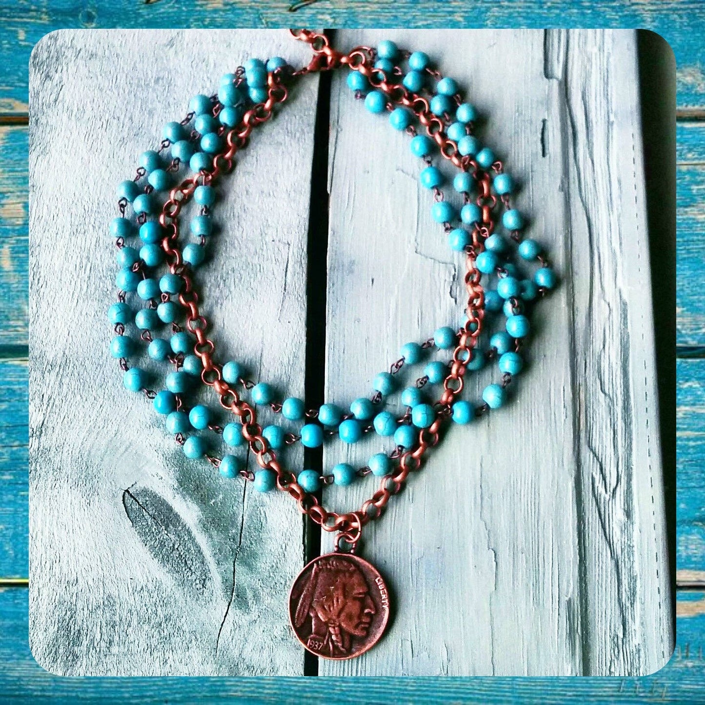 Blue Turquoise Indian Buffalo Coin Necklace
