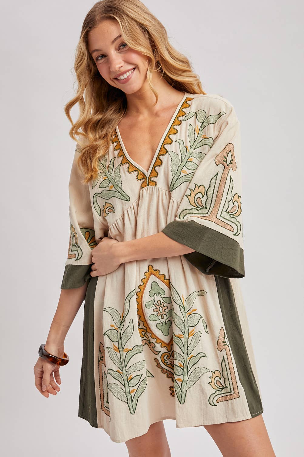 Blair Boho Embroidered V Neck Dress ~ Oatmeal