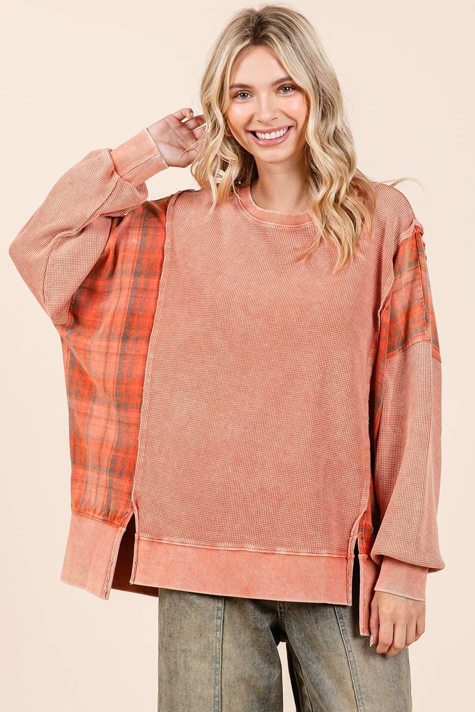Pam Plaid Panel Mineral Wash Pullover ~ Faded Brick