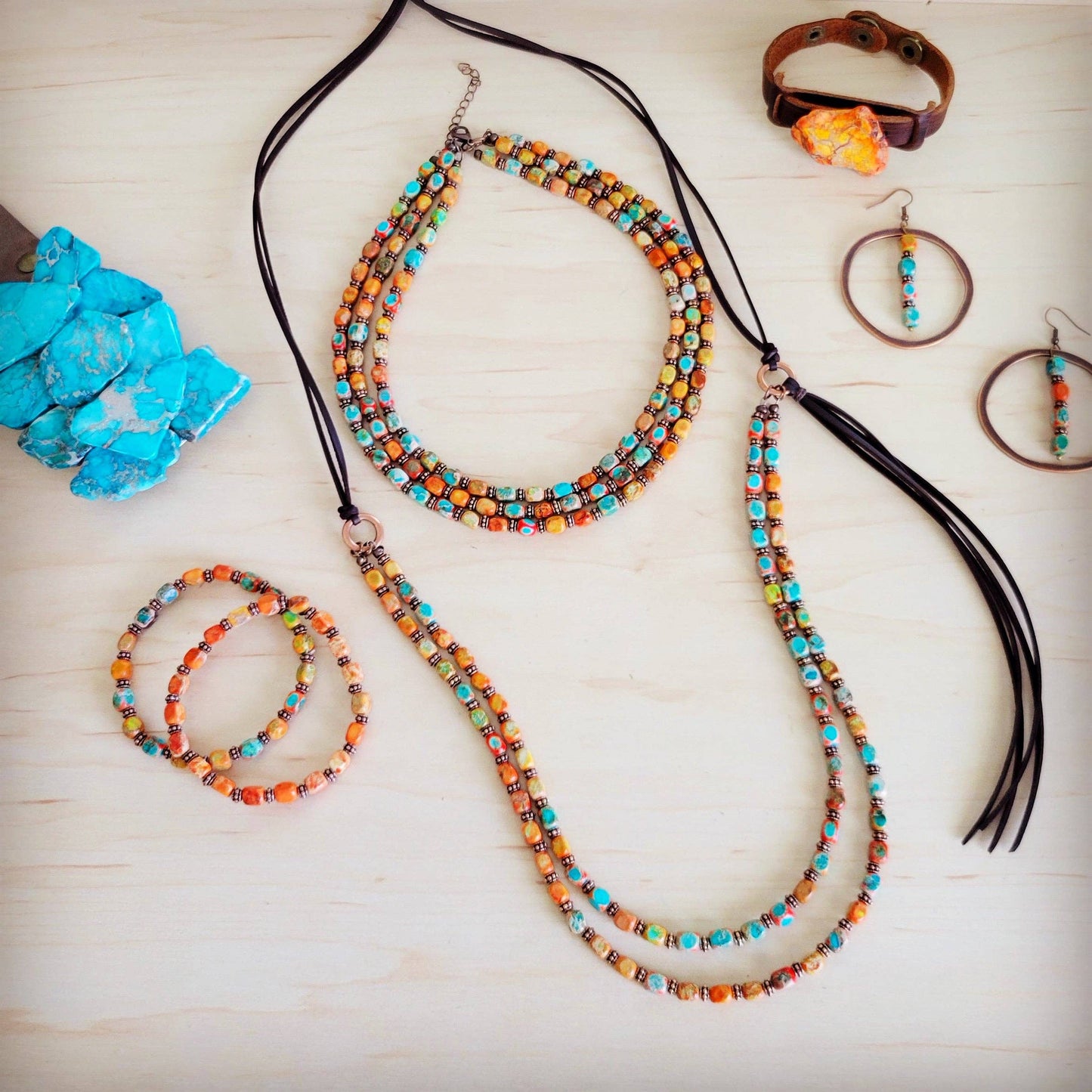 Sunrise Regalite Double Strand Beaded Tassel Necklace