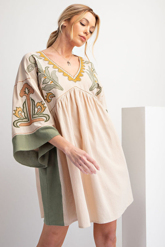 Celeste 3/4 Sleeve Embroidered Dress ~ Khaki