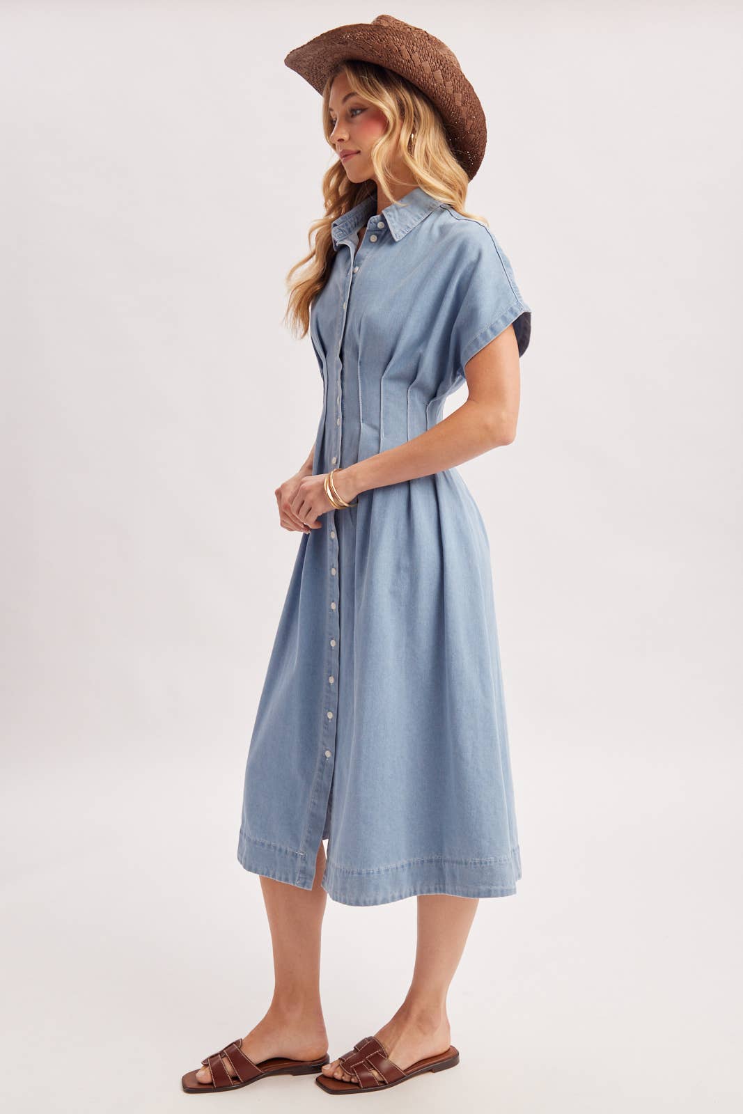 Bailey Pleated Waist Button Down Shirt Dress ~ Light Denim