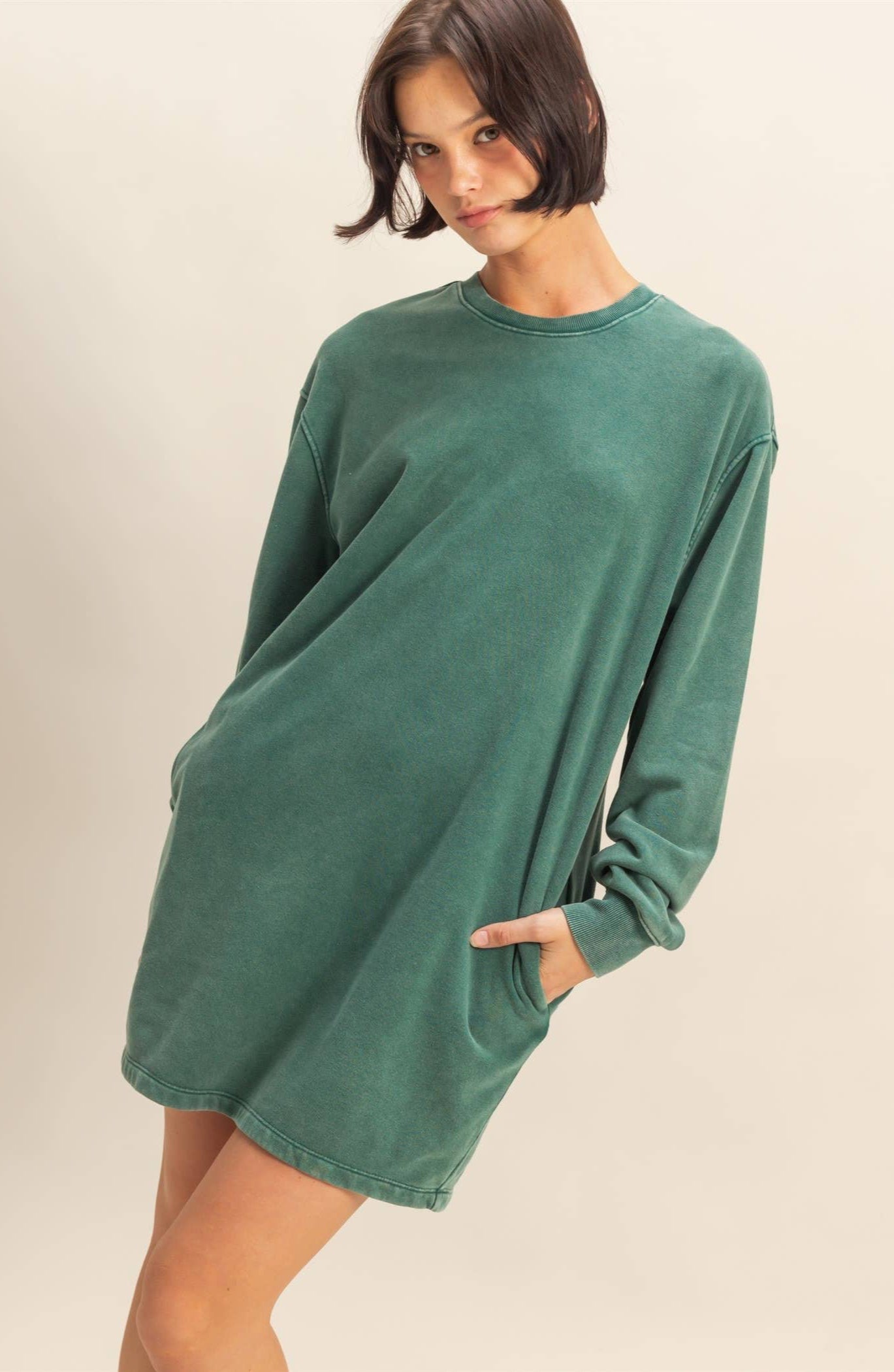 Mickie Mineral Washed Sweatshirt Dress ~ Dark Green