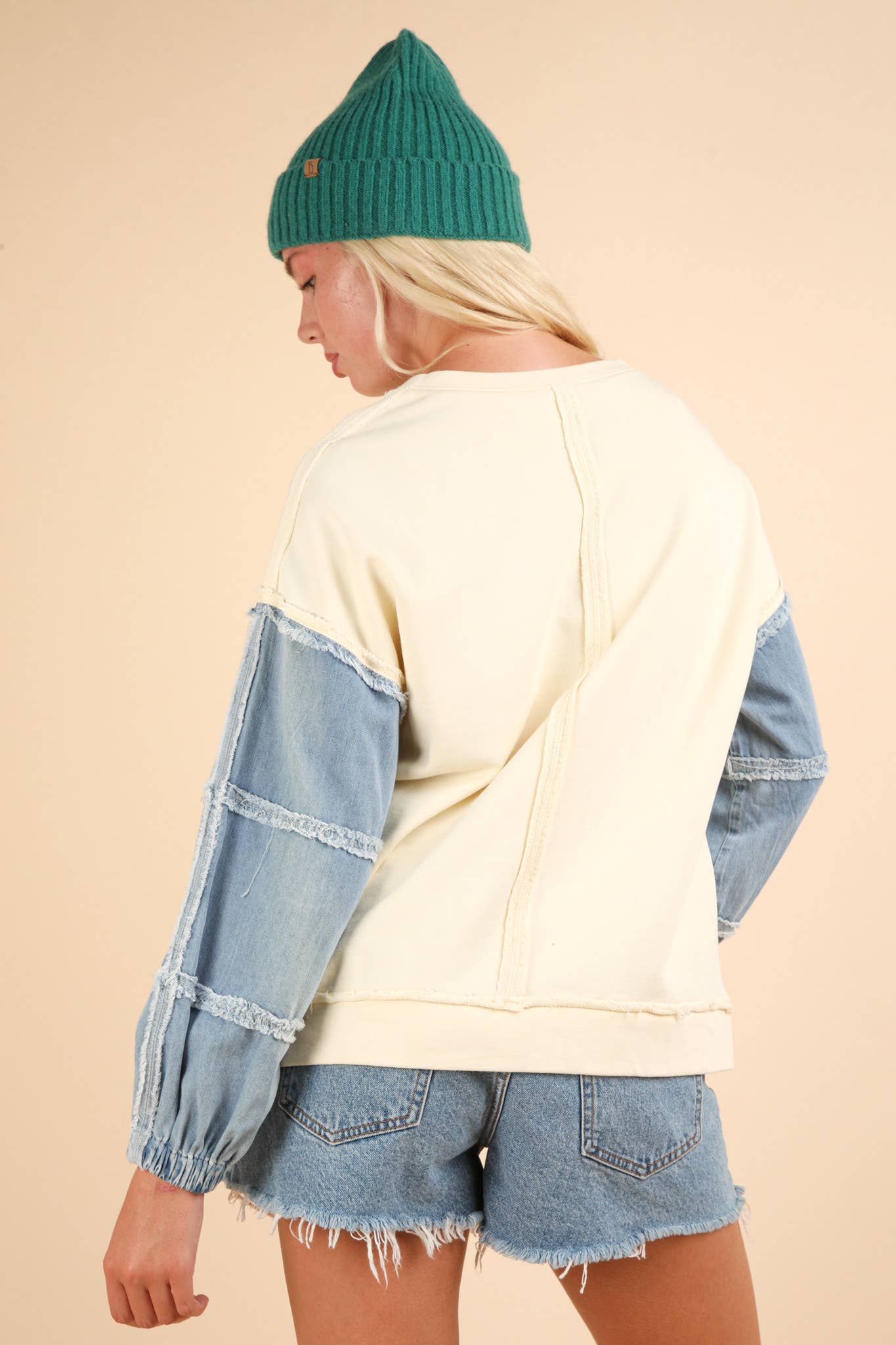 Angela Acid Washed Oversized Denim Sleeve Top ~ Cream