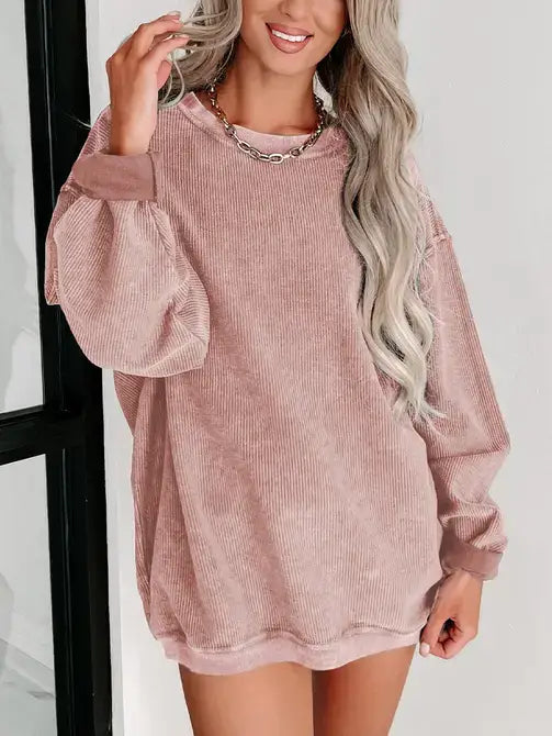 Rita Ribbed Knit Round Neck Pullover ~ Pink