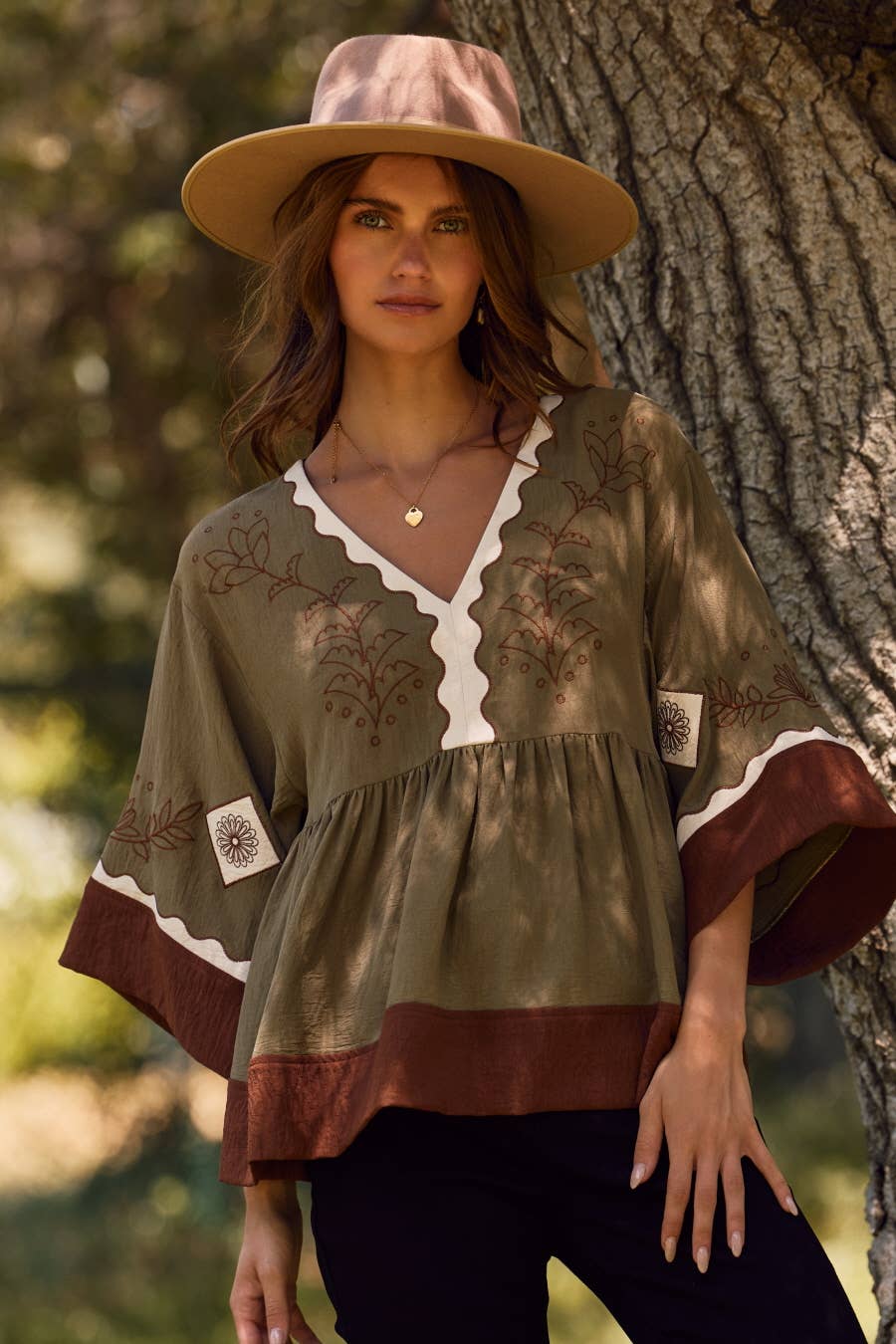 Carla Color Block Oversized Peasant Blouse ~ Olive
