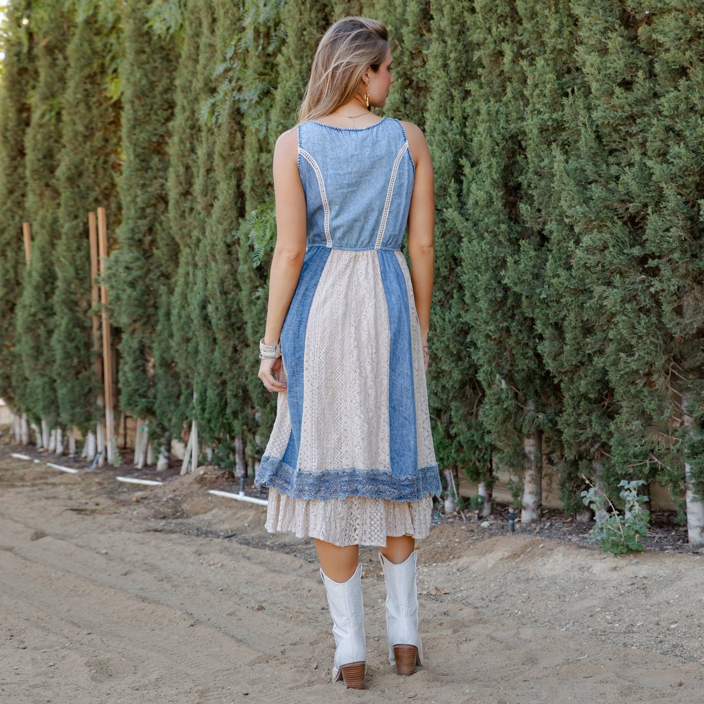 Betty Boho Western Denim & Lace Panel Midi Dress - Latte