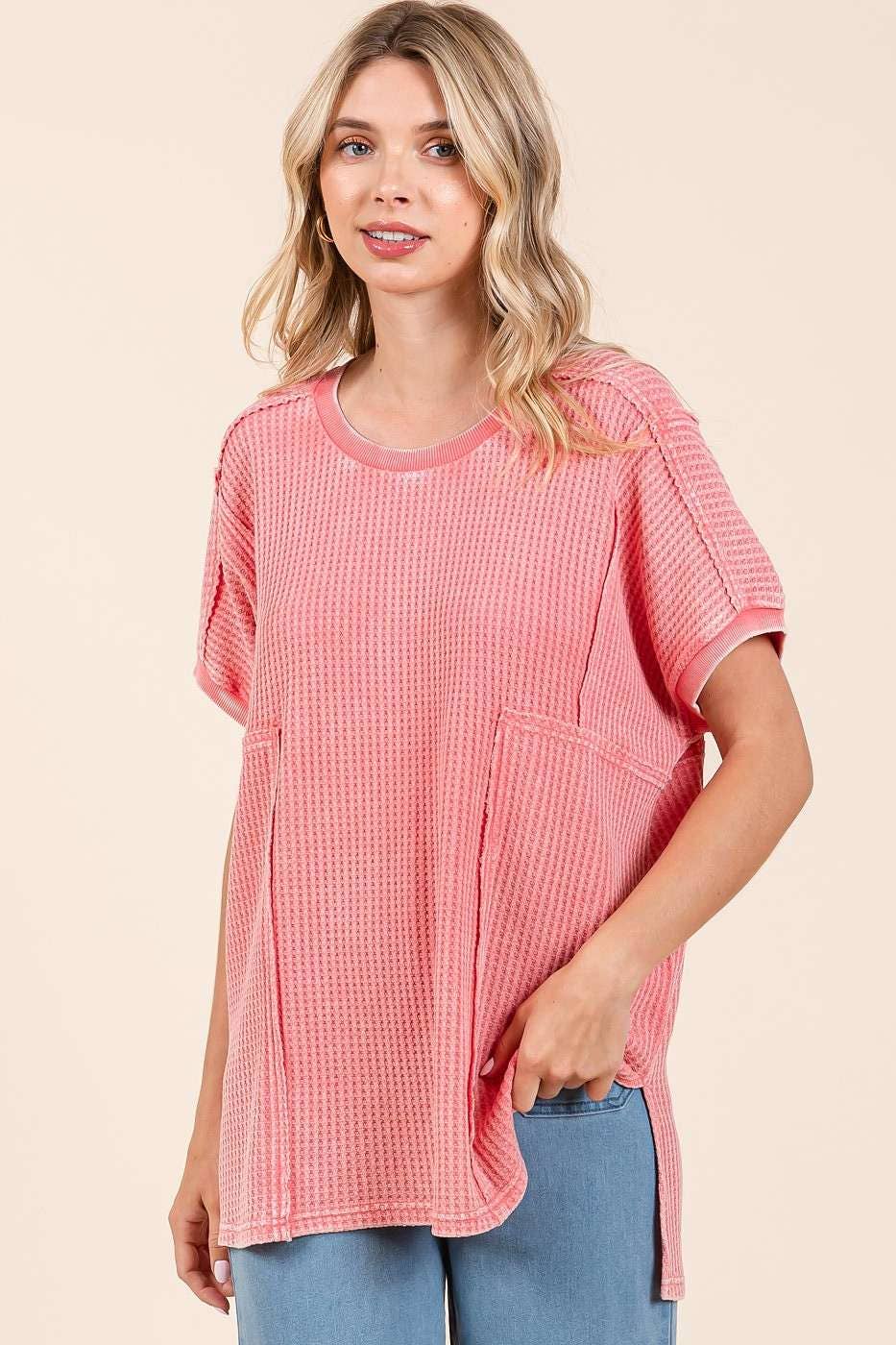 Ella Mineral Wash Waffle Knit Tunic Top ~ Coral