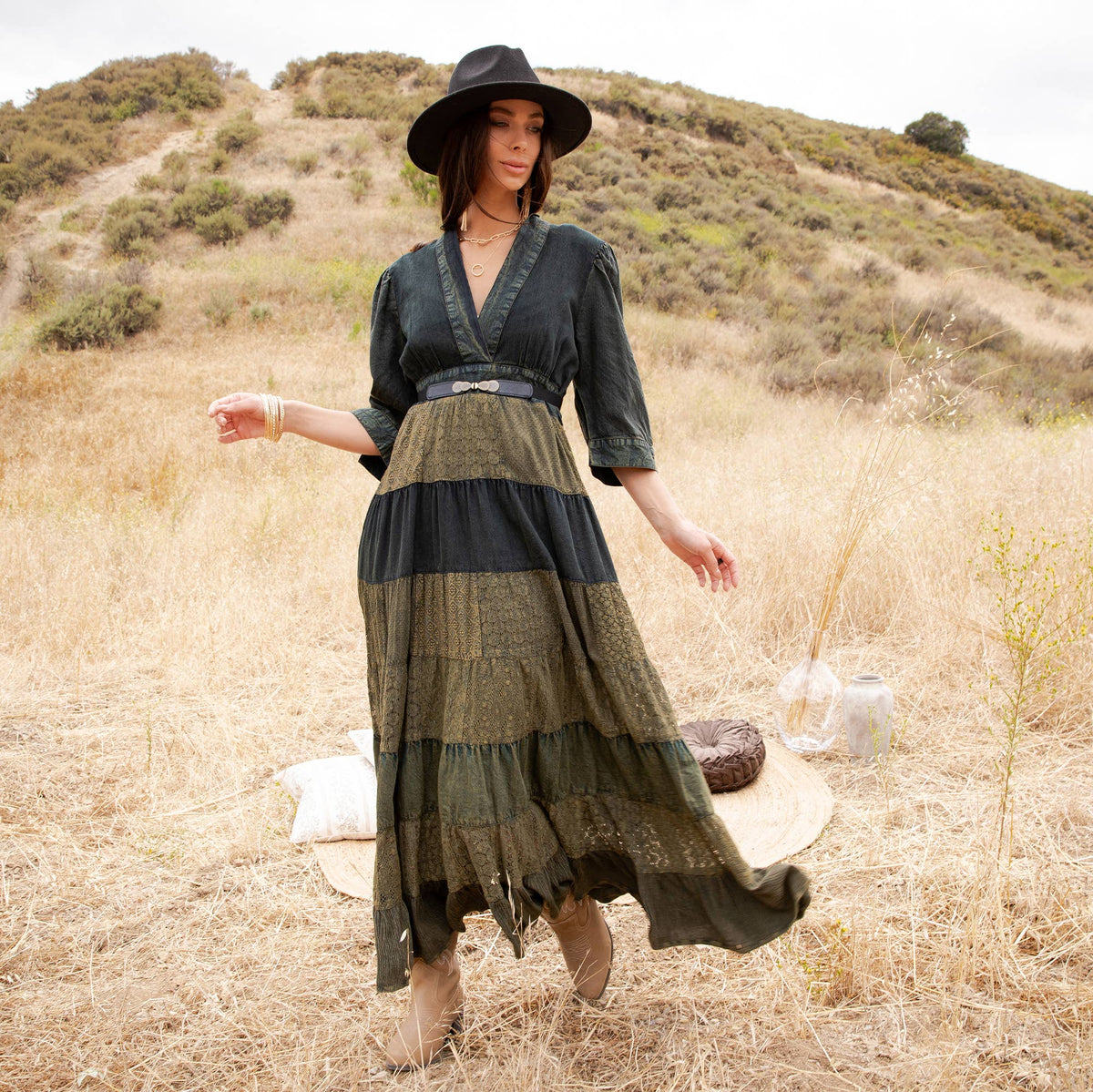 Victoria Vintage Mixed Texture Patchwork Maxi Dress ~ Basil