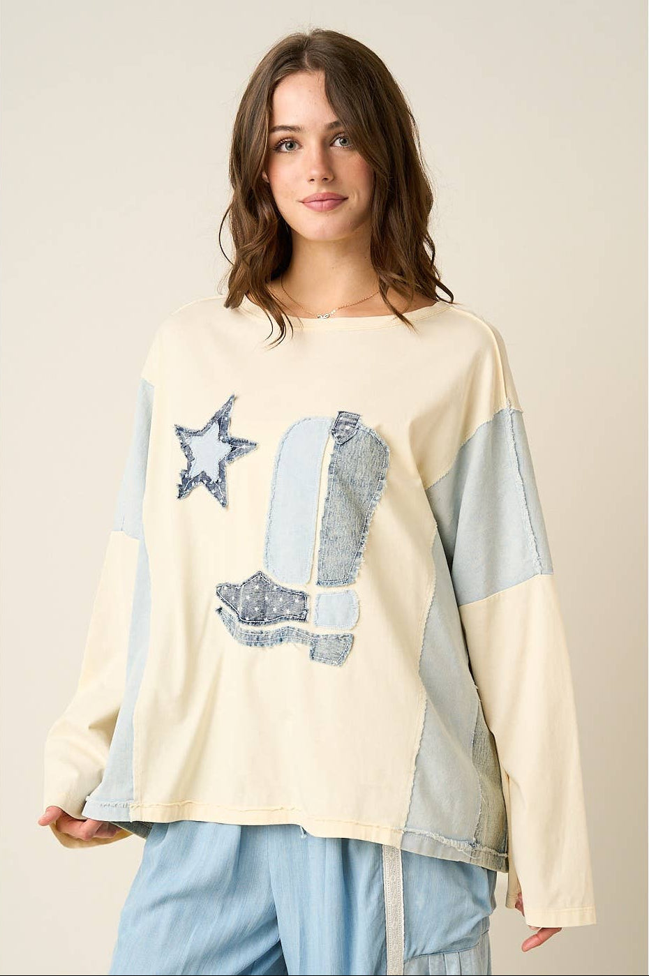 Demi Denim Star & Boot Patch Top ~ Cream