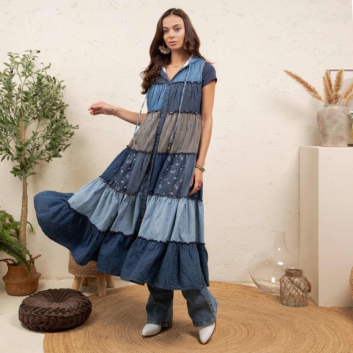 Boho Sleeveless Maxi Button-Front Hooded Duster ~ Denim