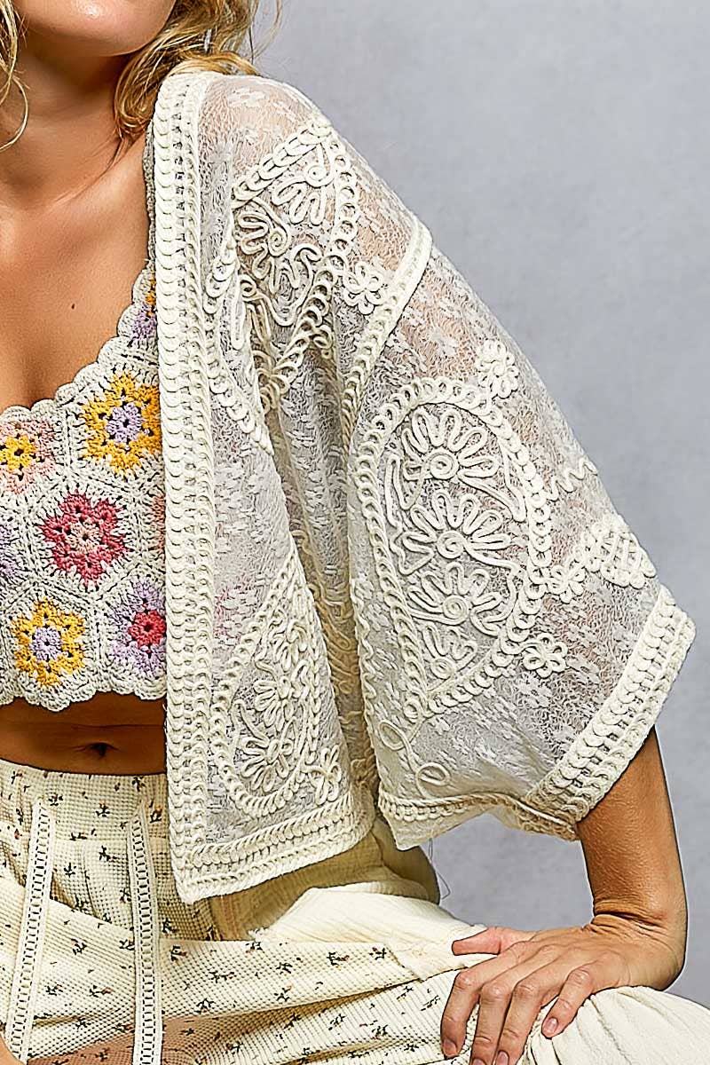 POL Floral Embroidery Crochet Cardigan ~ Natural