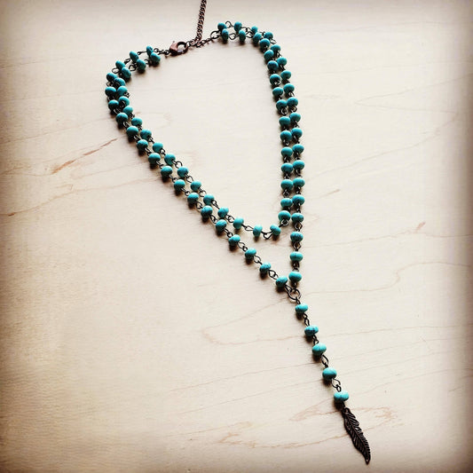 Lariat Blue Turquoise Necklace w/ Copper Feather