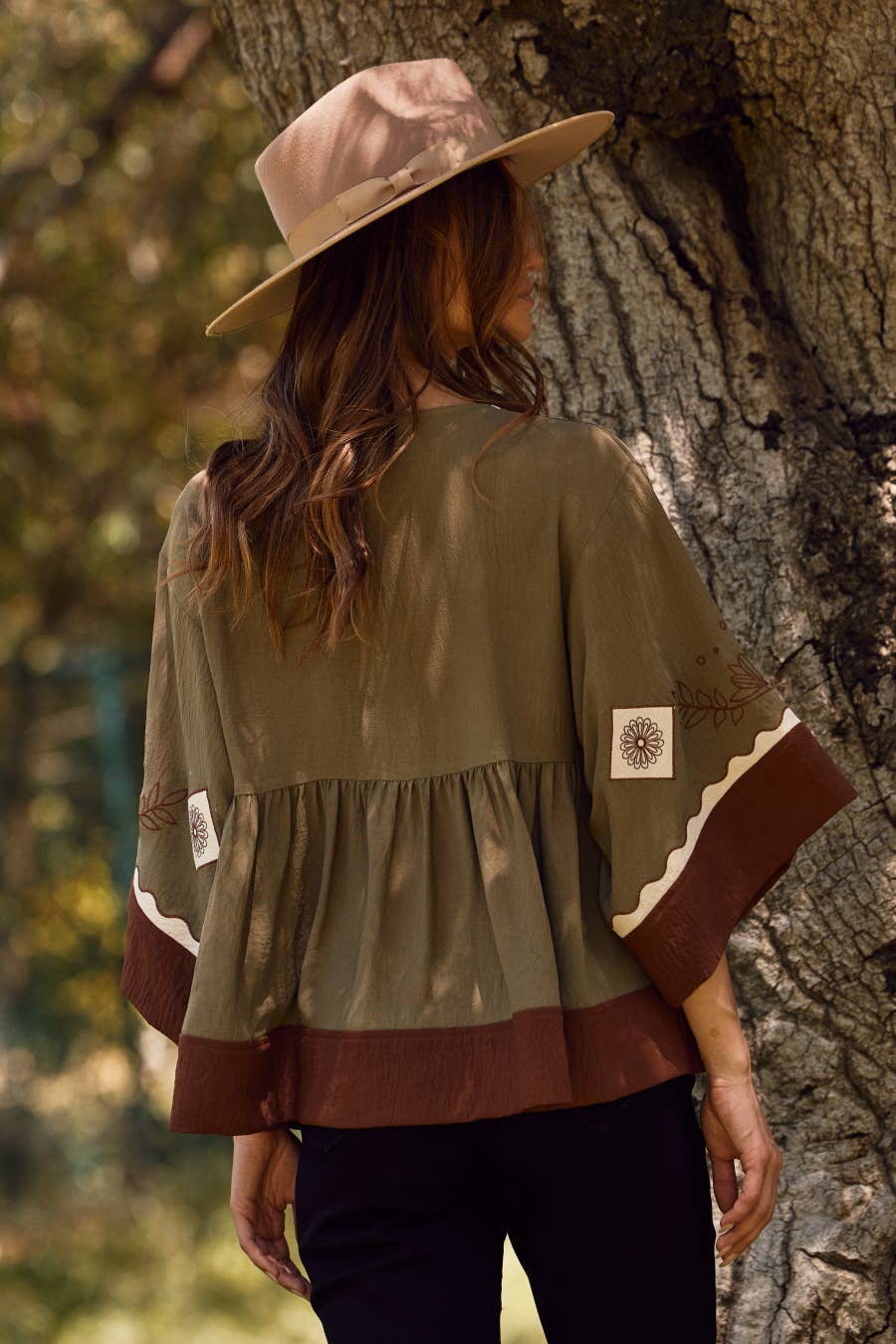 Carla Color Block Oversized Peasant Blouse ~ Olive