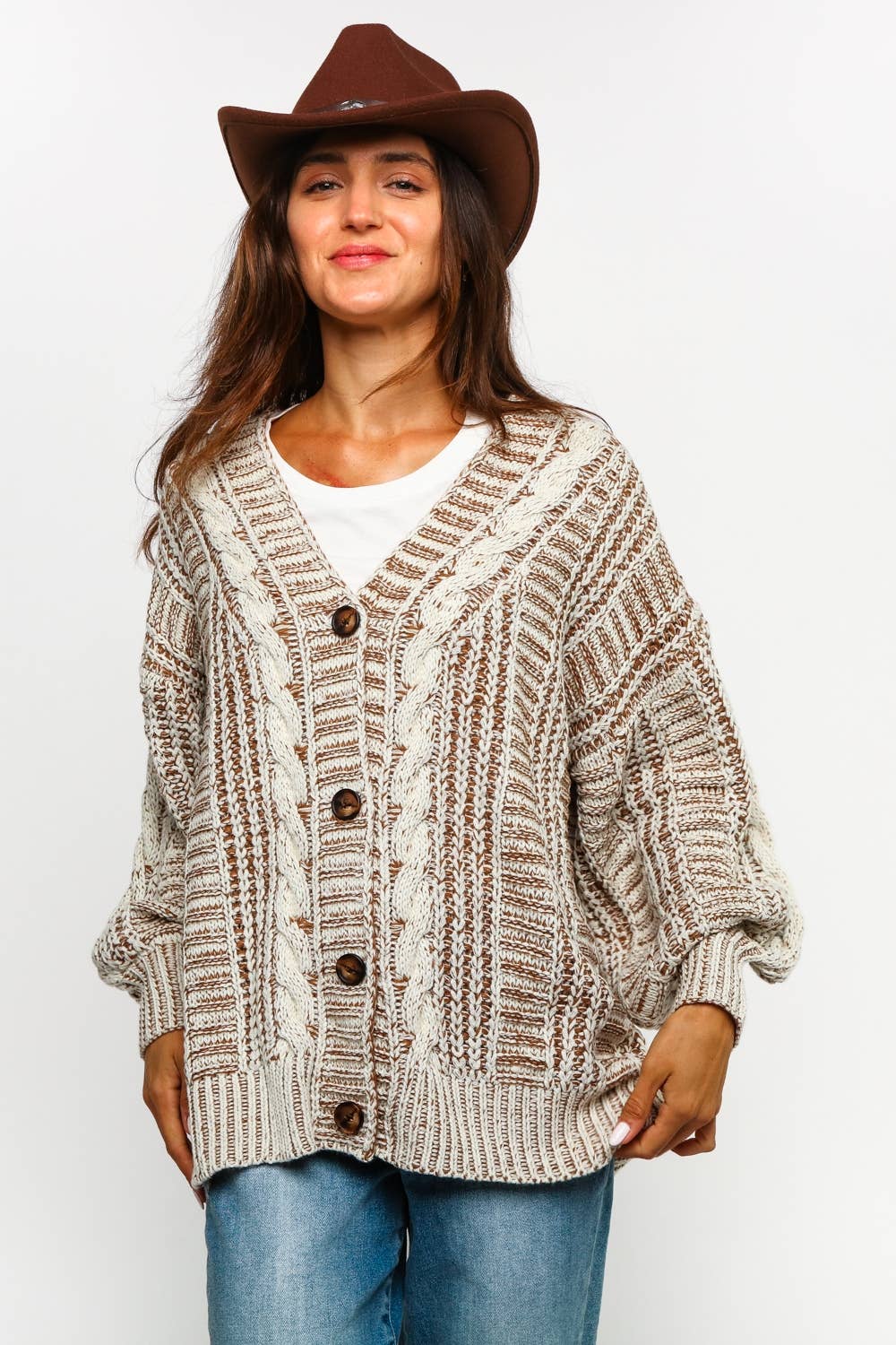 Tessa Two Tone Cable Chunky Sweater Cardigan ~ Oatmeal/Taupe
