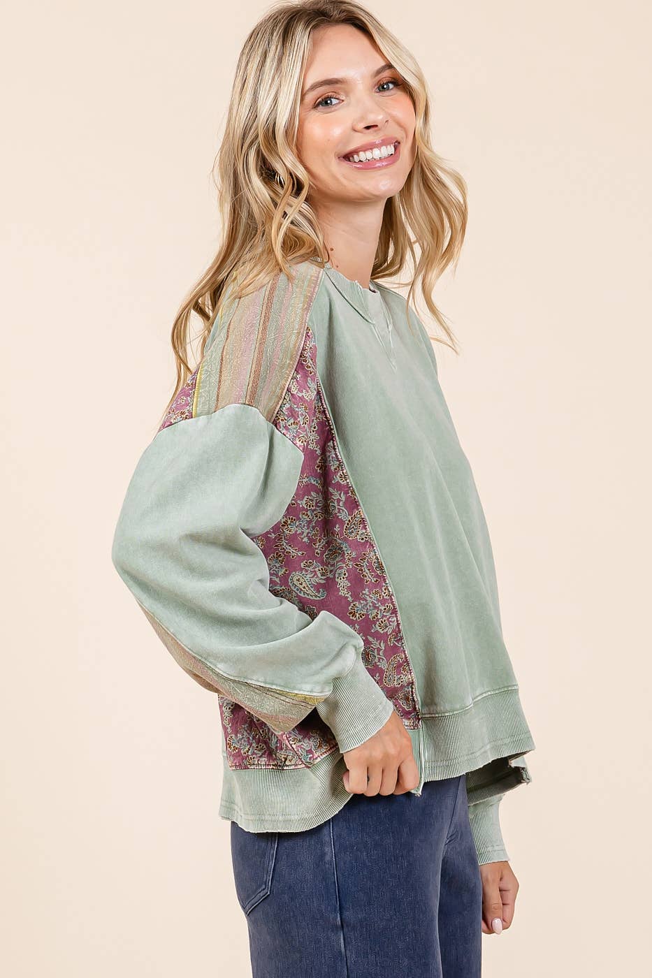 Carrie Patchwork Mineral Wash Pullover ~ Sage