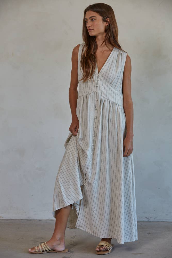 Skylar Linen Cotton Striped Maxi Dress ~ Natural