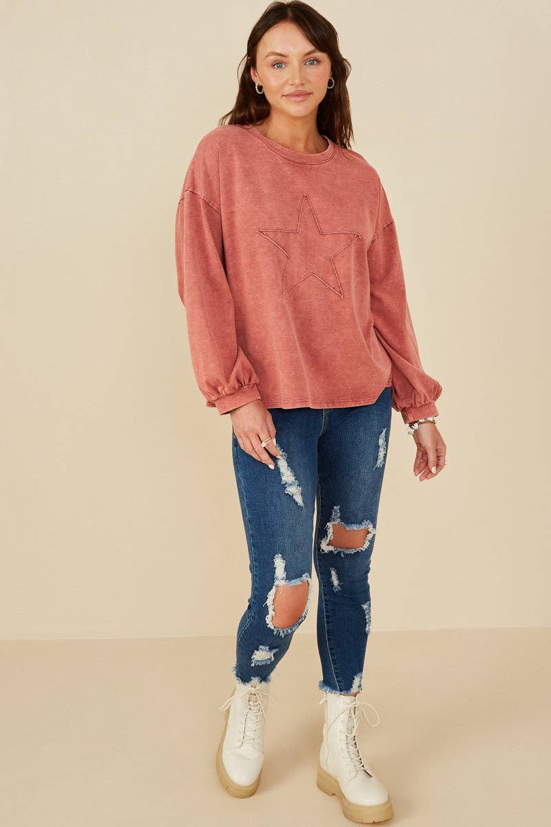 Tara Star Patch Washed Top ~ Deep Red