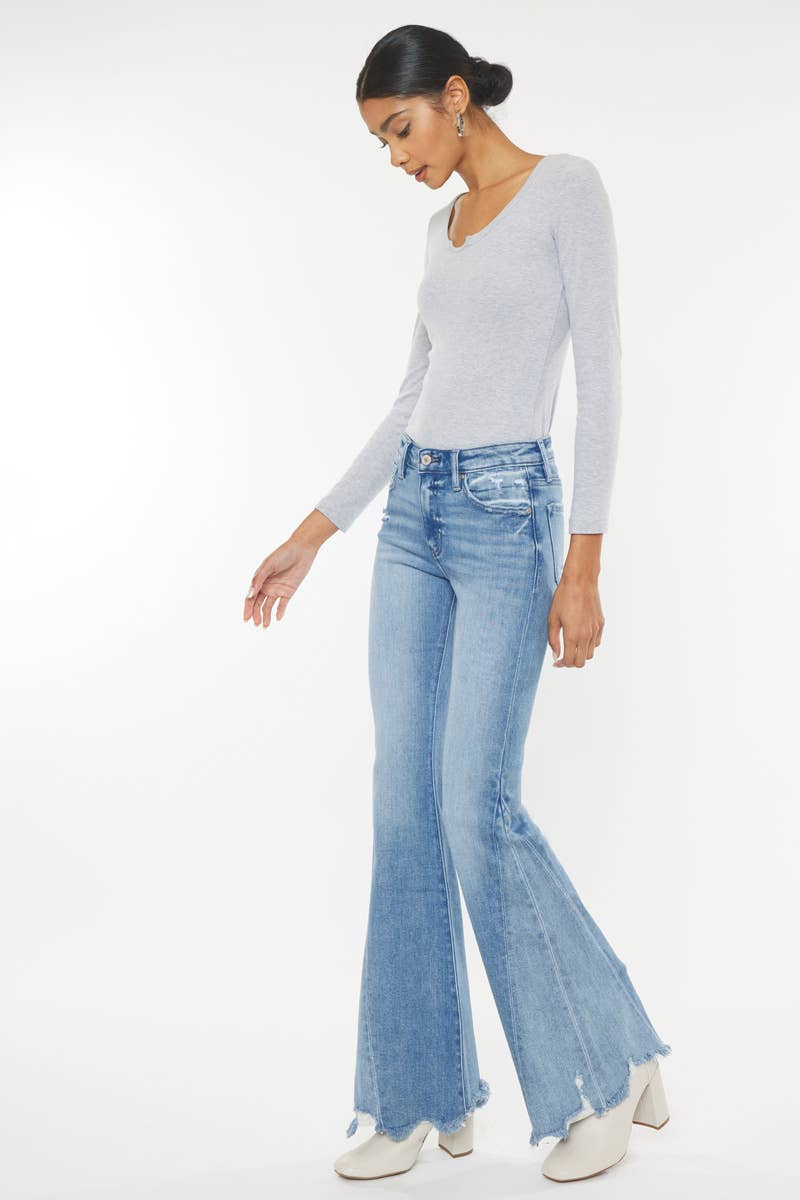 Stacey Mid Rise Raw Hem Flare Jeans ~ Light Denim