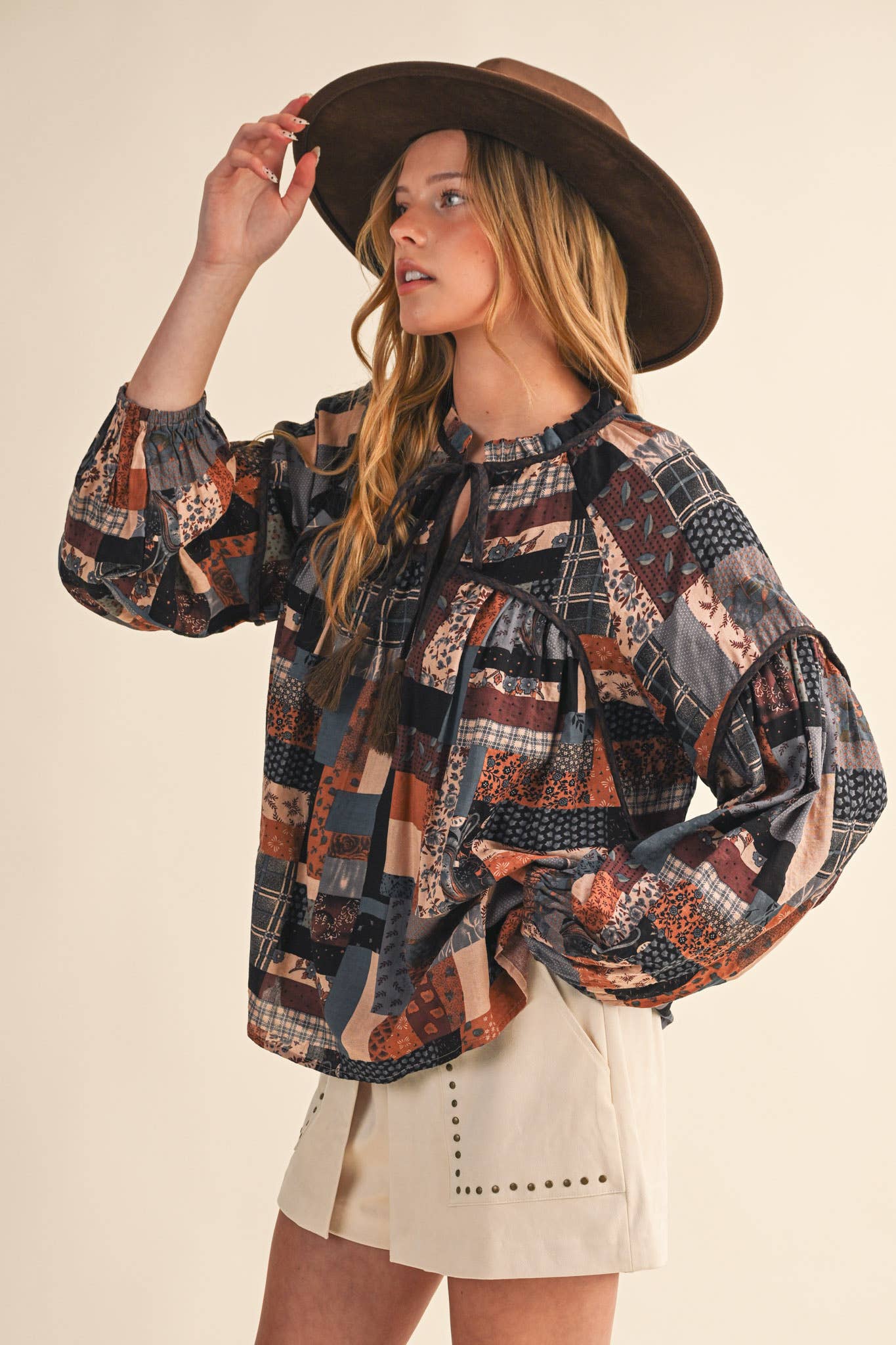 Layla Boho Patchwork Babydoll Top ~ Brown
