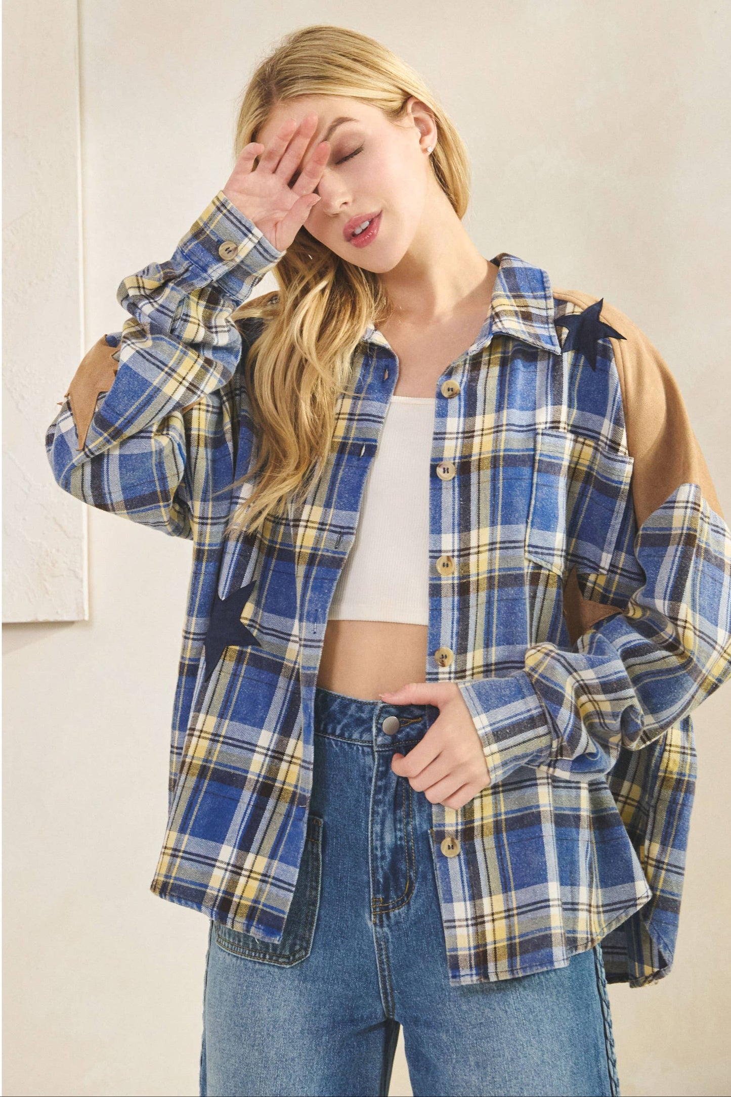 Skylar Star Patchwork Plaid Flannel Shirt ~ Blue