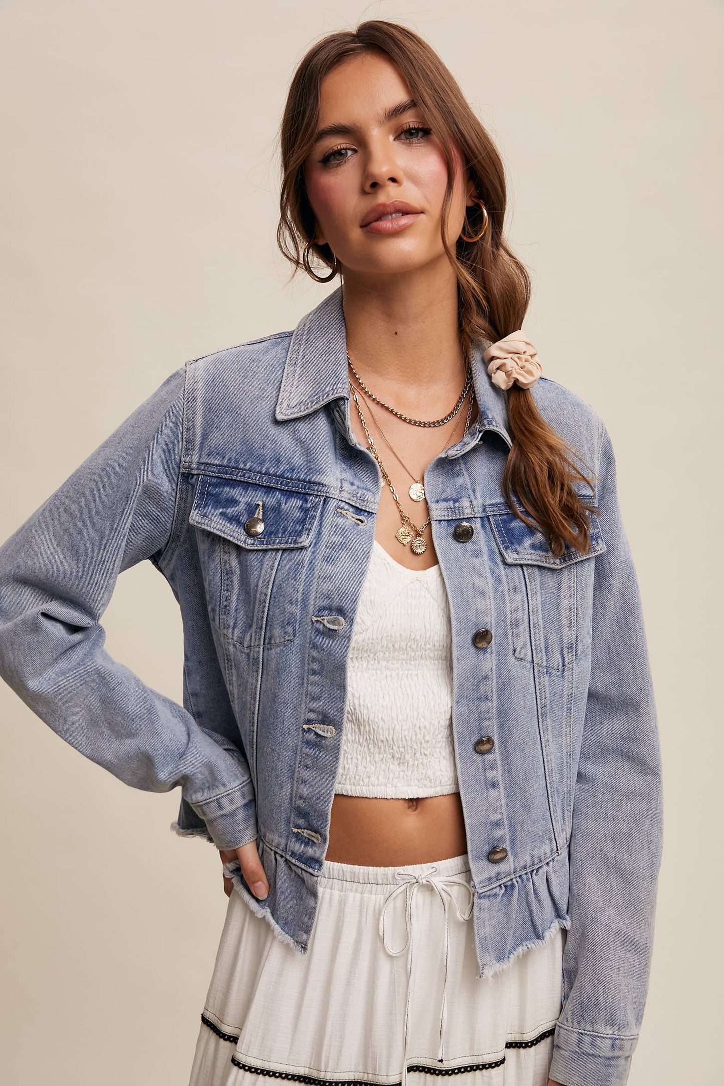 Regan Ruffled Hem Denim Jacket ~ Light Denim