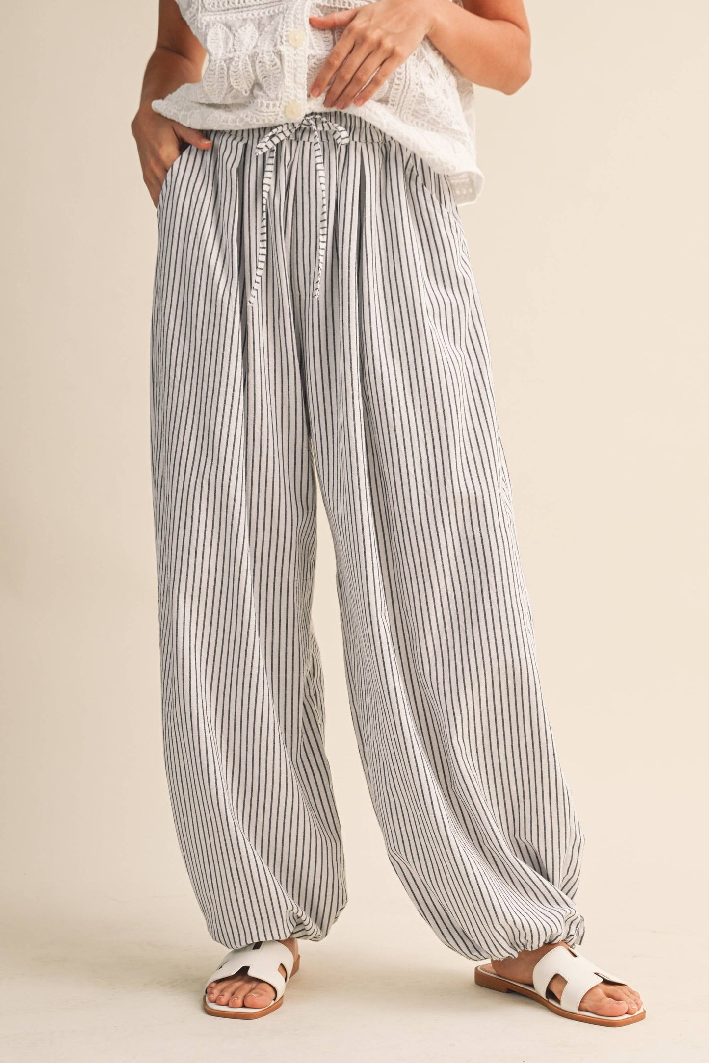 Shelly Striped Balloon Linen Blend Pants ~ White/Black