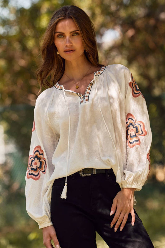 Lucie Loose-Fit Floral Embroidered Top ~ White