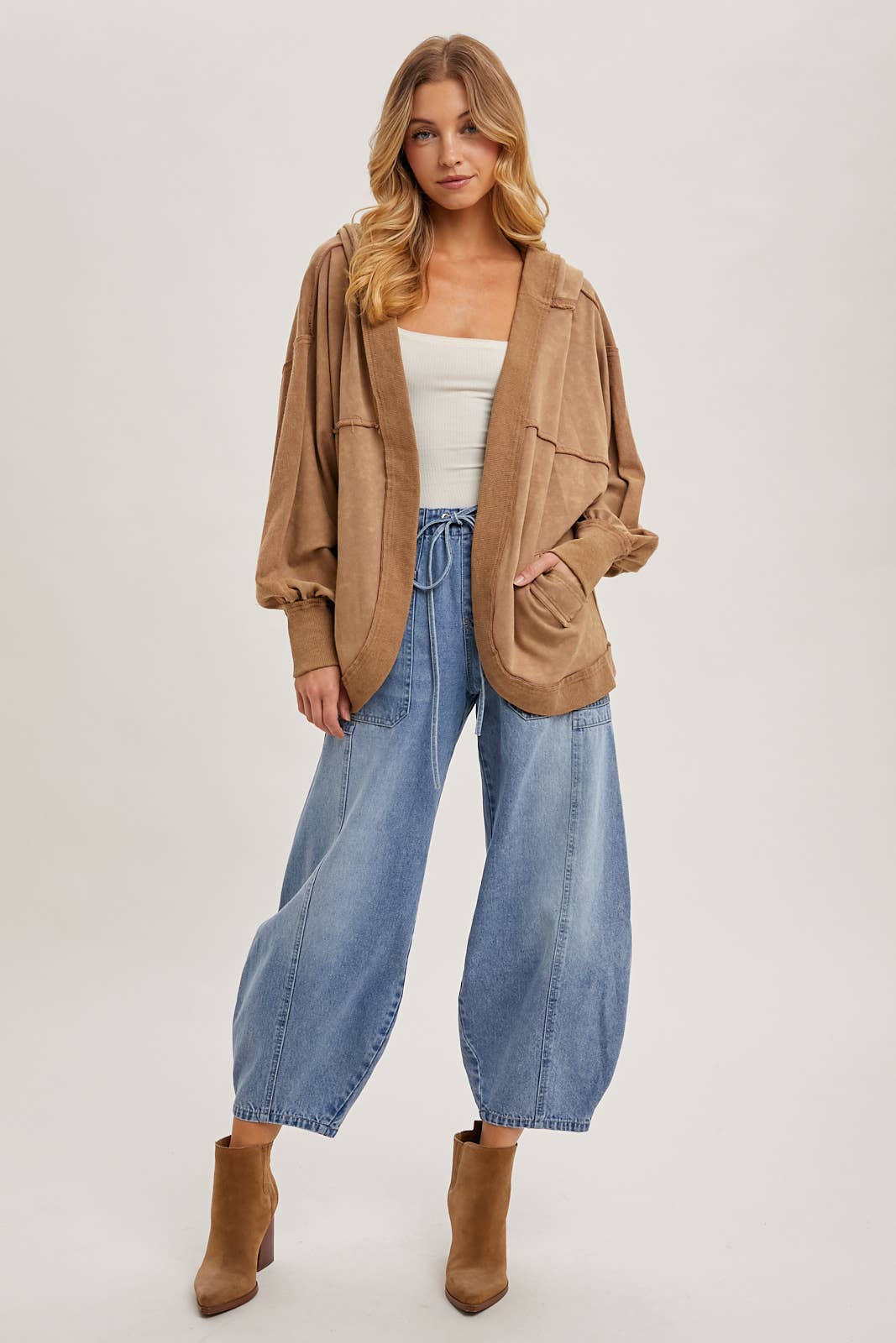 Maya Mid Rise Drawstrings Barrel Jeans ~ Light Denim