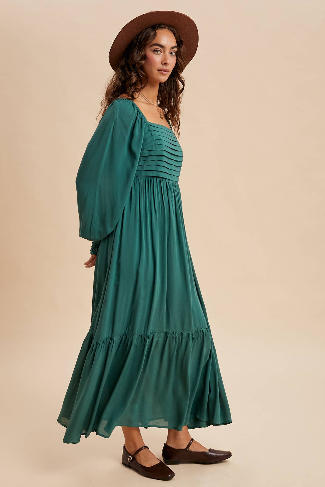 Emily Pleated Square Neck Maxi Dress ~ Evergreen