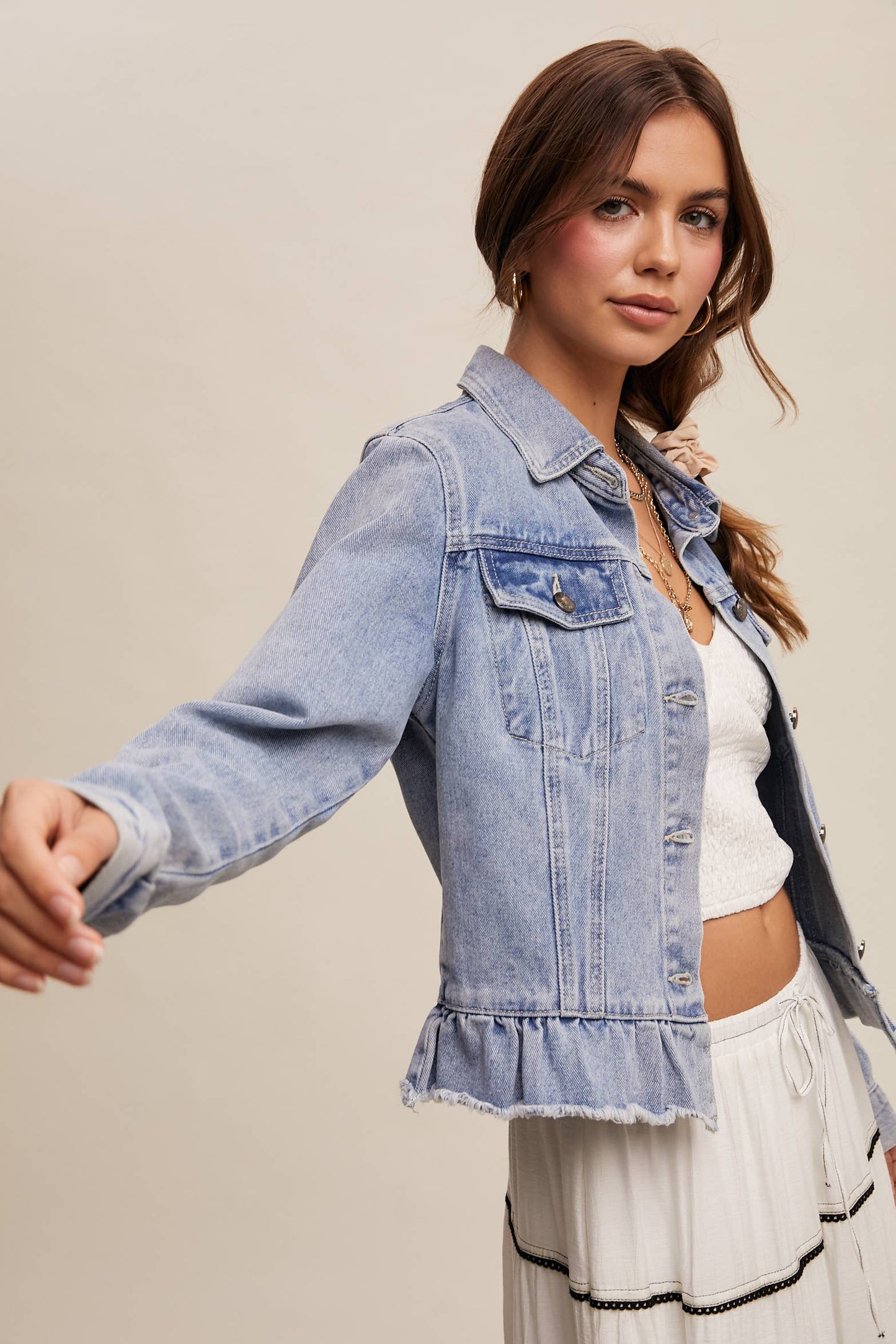 Regan Ruffled Hem Denim Jacket ~ Light Denim