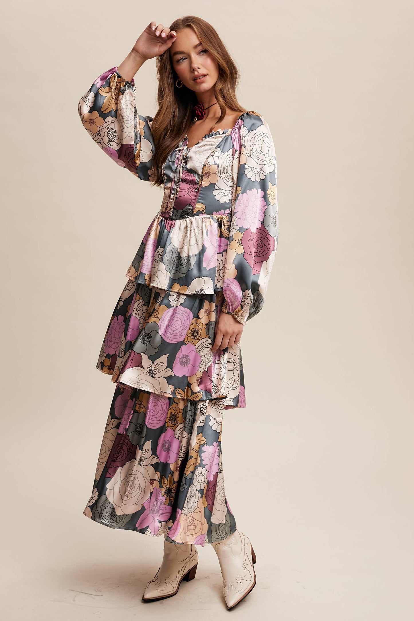 Felicia Floral Lace-Up Tiered Maxi Dress ~ Teal