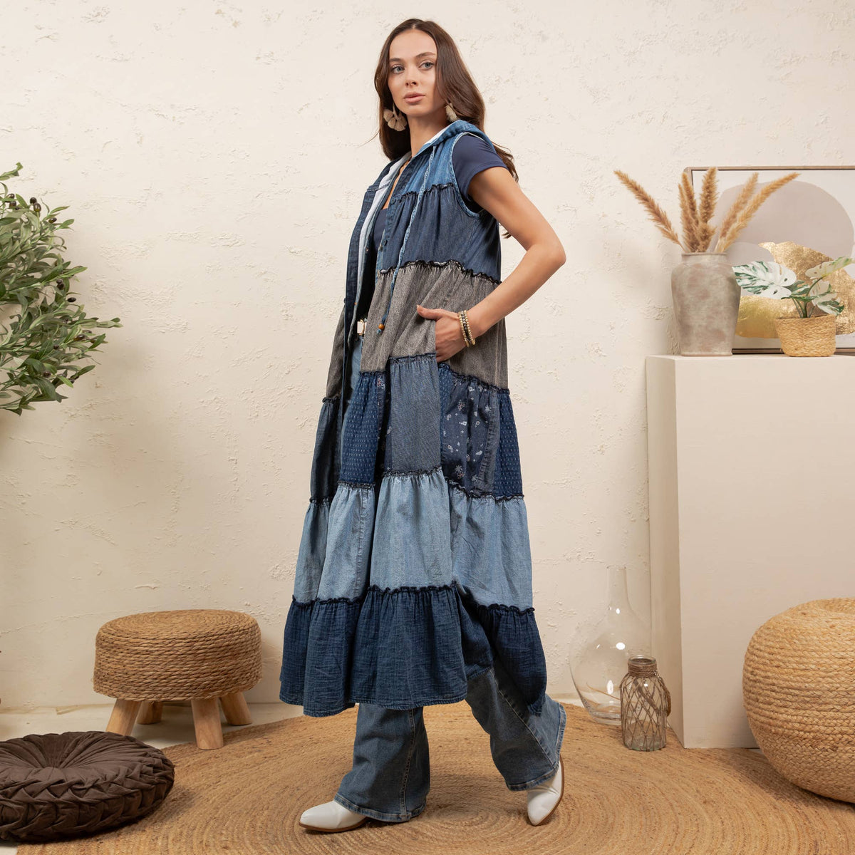 Boho Sleeveless Maxi Button-Front Hooded Duster ~ Denim