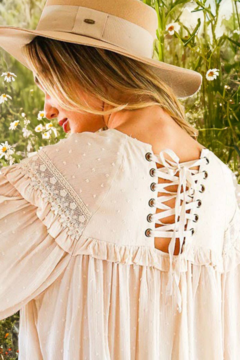 Mya Lace-Up Back Detail Swiss Dot Patterned Top ~ Natural