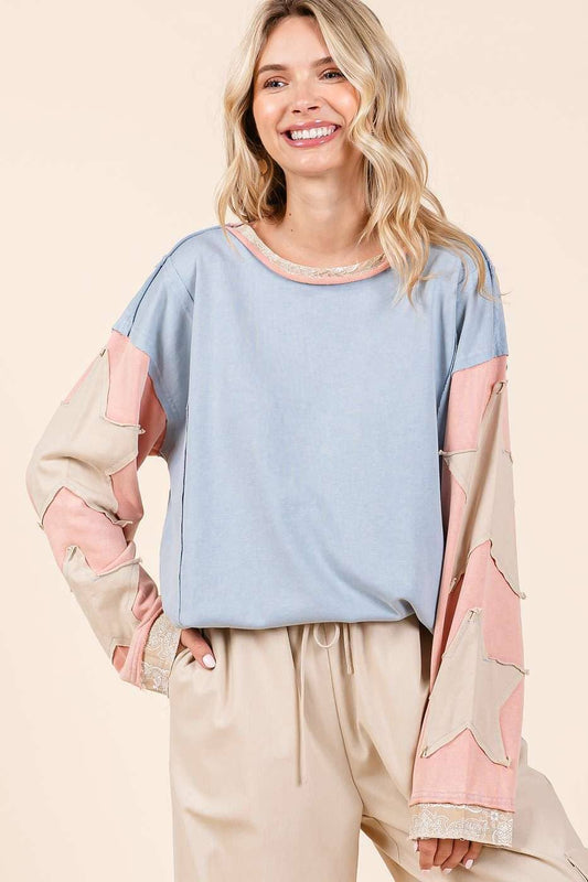 Star Patch Colorblock Mineral Wash Top ~ Blue