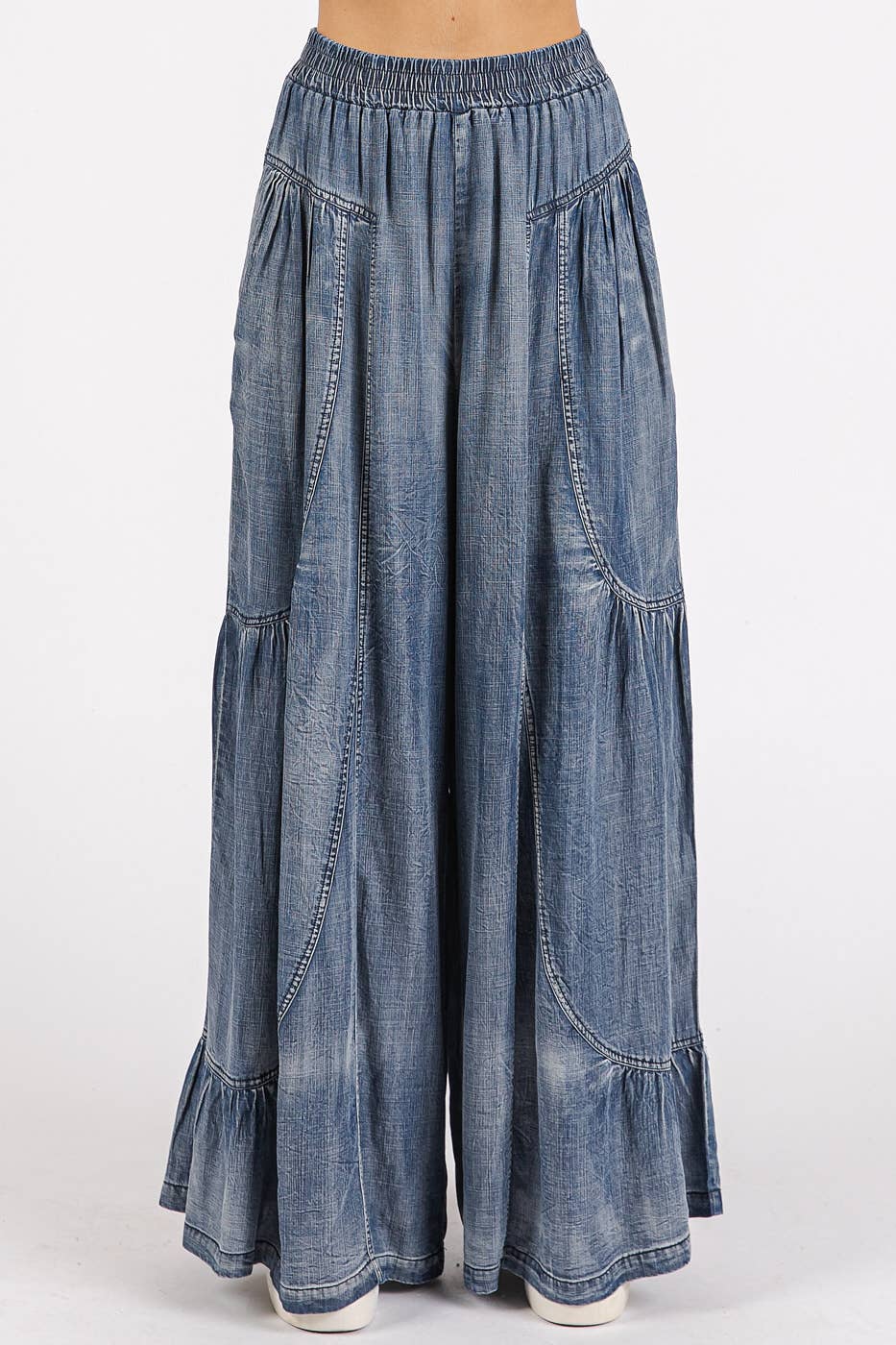 Nellie Washed Tier Detail Wide Leg Pants ~ Chambray