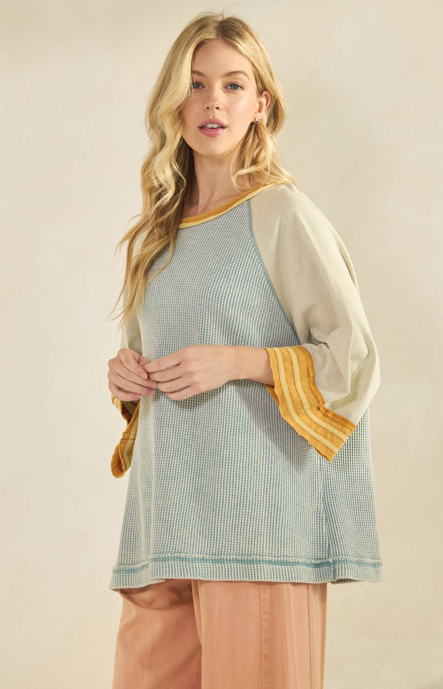 Bonnie Boho Waffle Knit Raglan Top ~ Dusty Blue