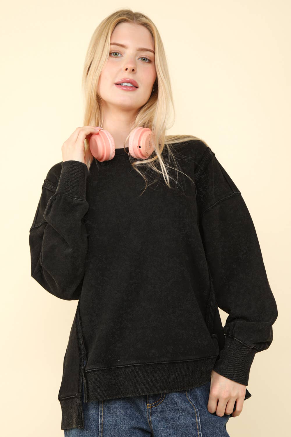 Mya Mineral Washed French Terry Oversized Knit Top ~ Black