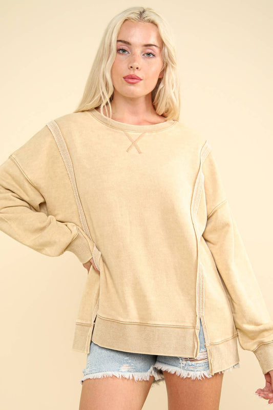 Mya Mineral Washed French Terry Oversized Knit Top ~ Beige