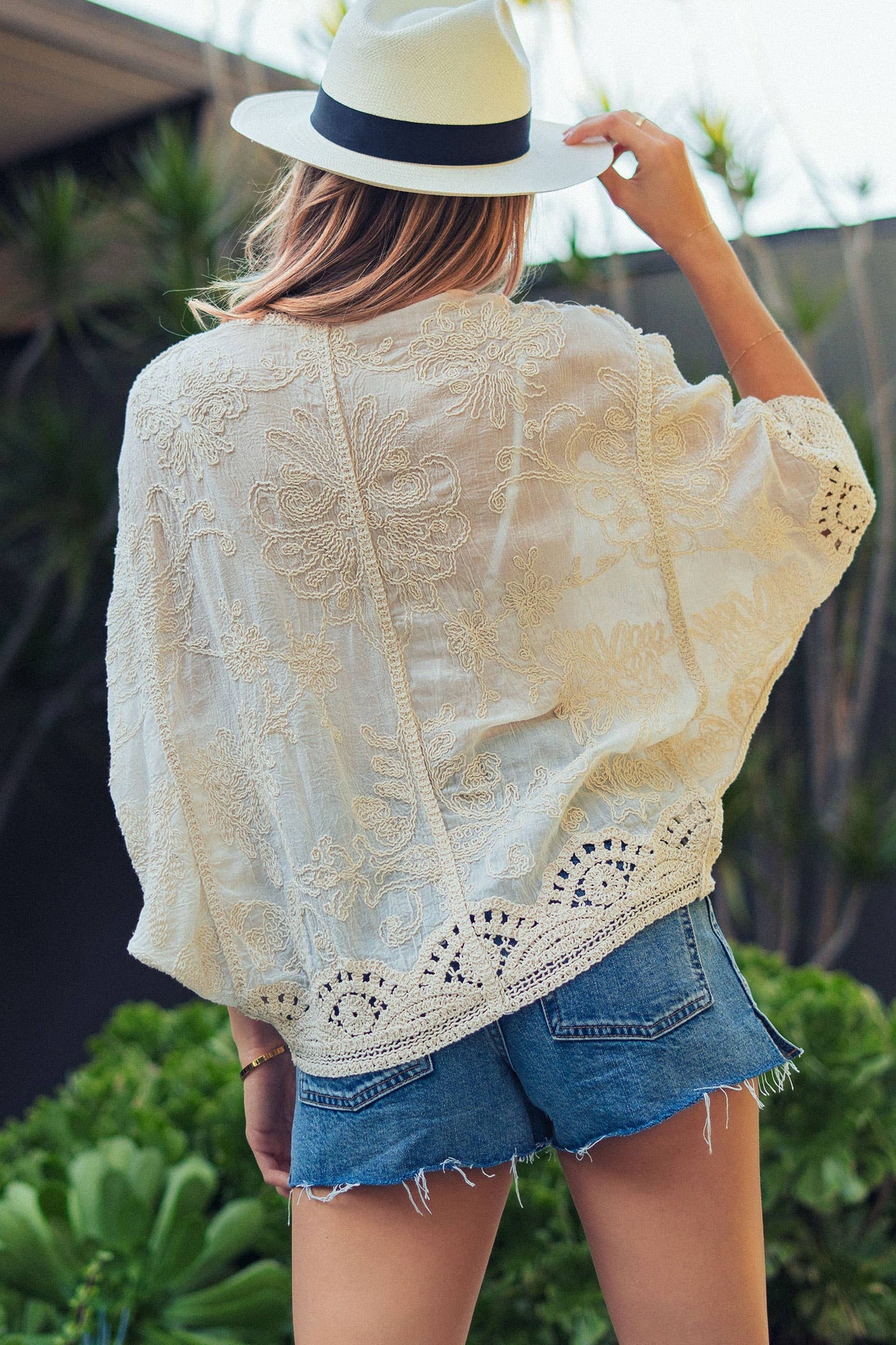 Franny Floral Embroidered Lace Button Front Top ~ Natural