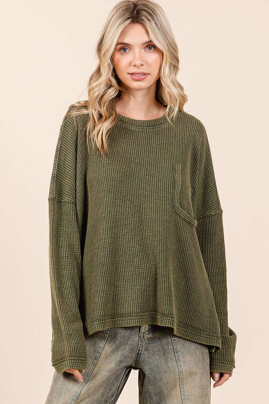 Myra Mineral Wash Cutout Pocket Waffle Top ~ Olive