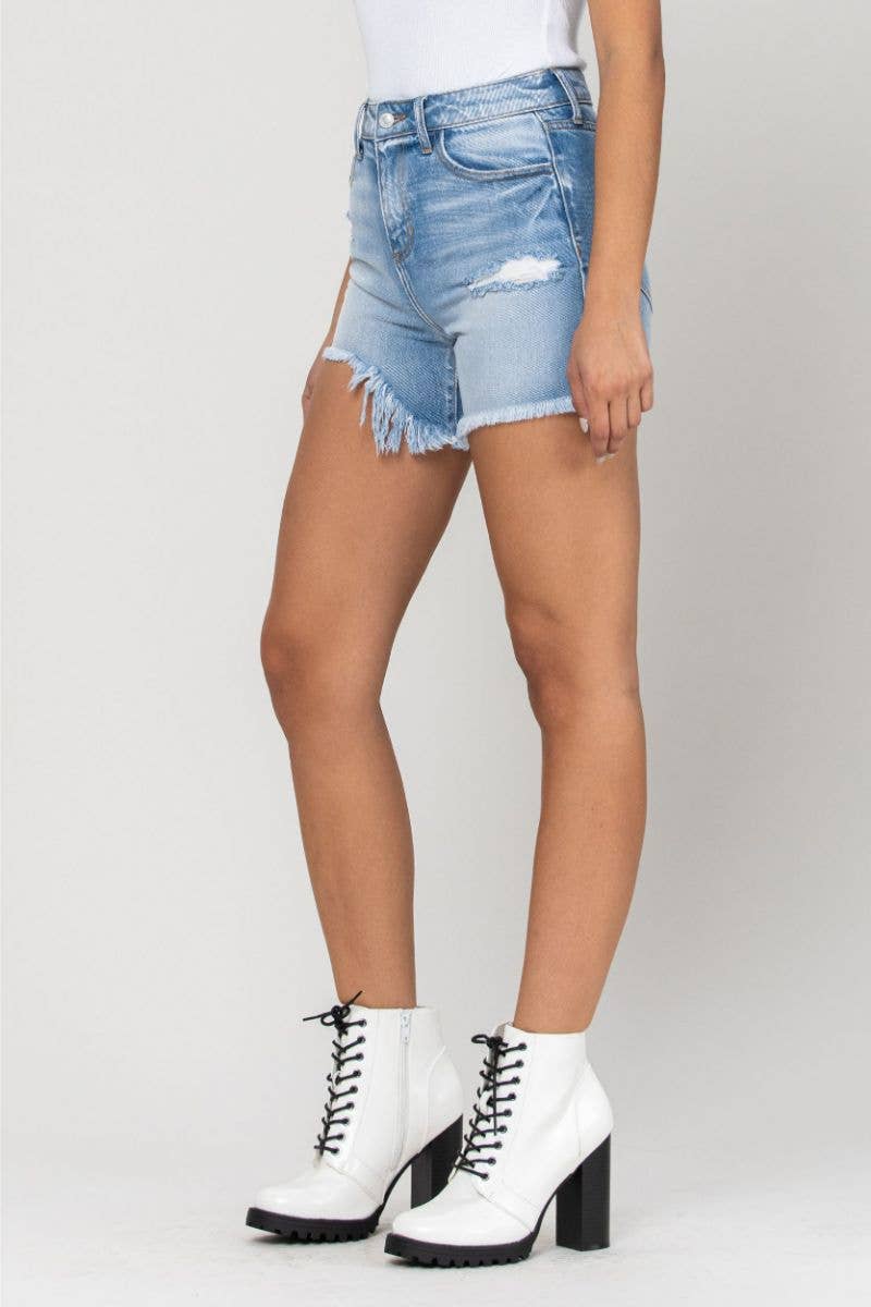 Callie High Rise Uneven Hem Shorts ~ Light Denim