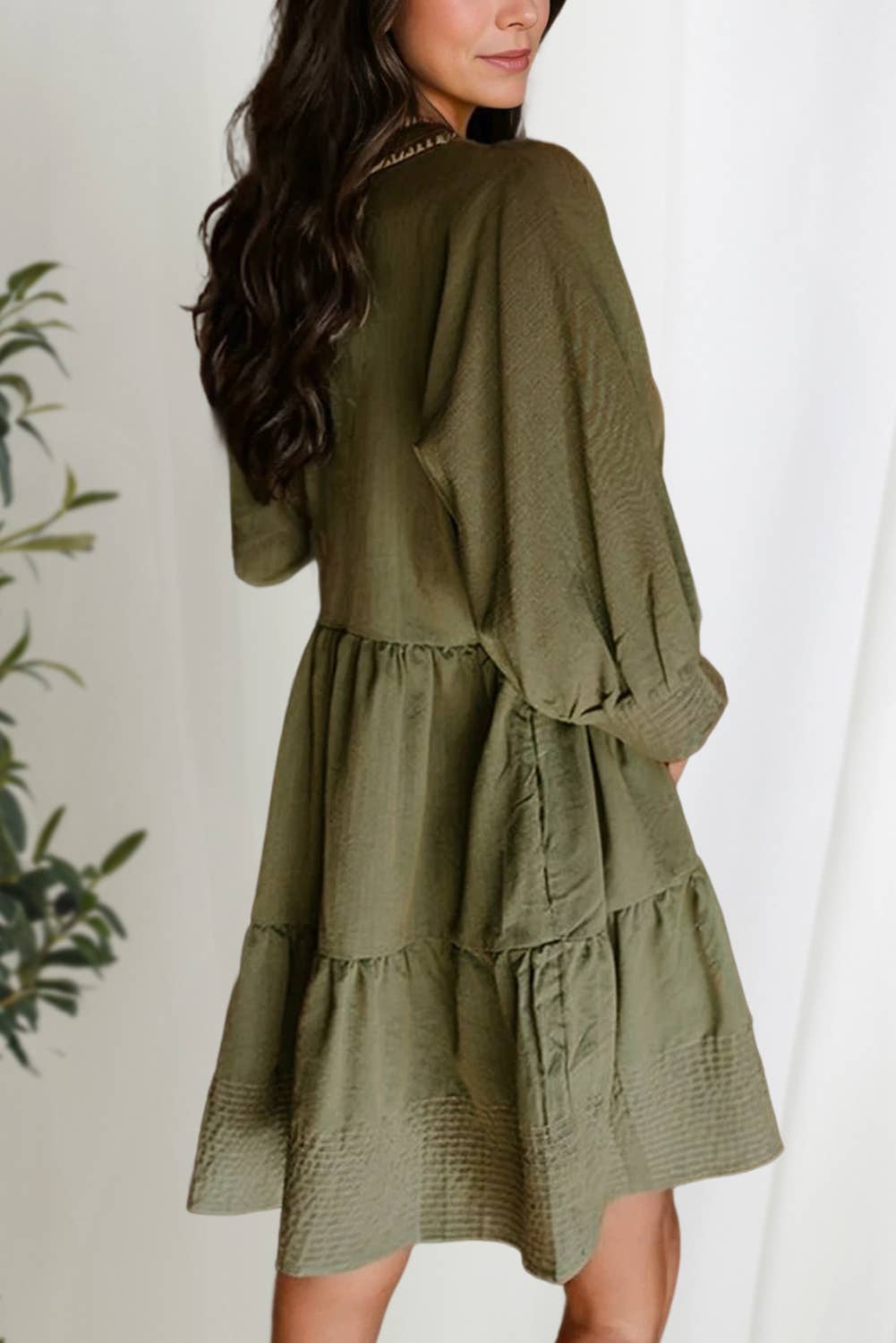 Veronia V Neck 3/4 Sleeve Mini Dress ~ Green