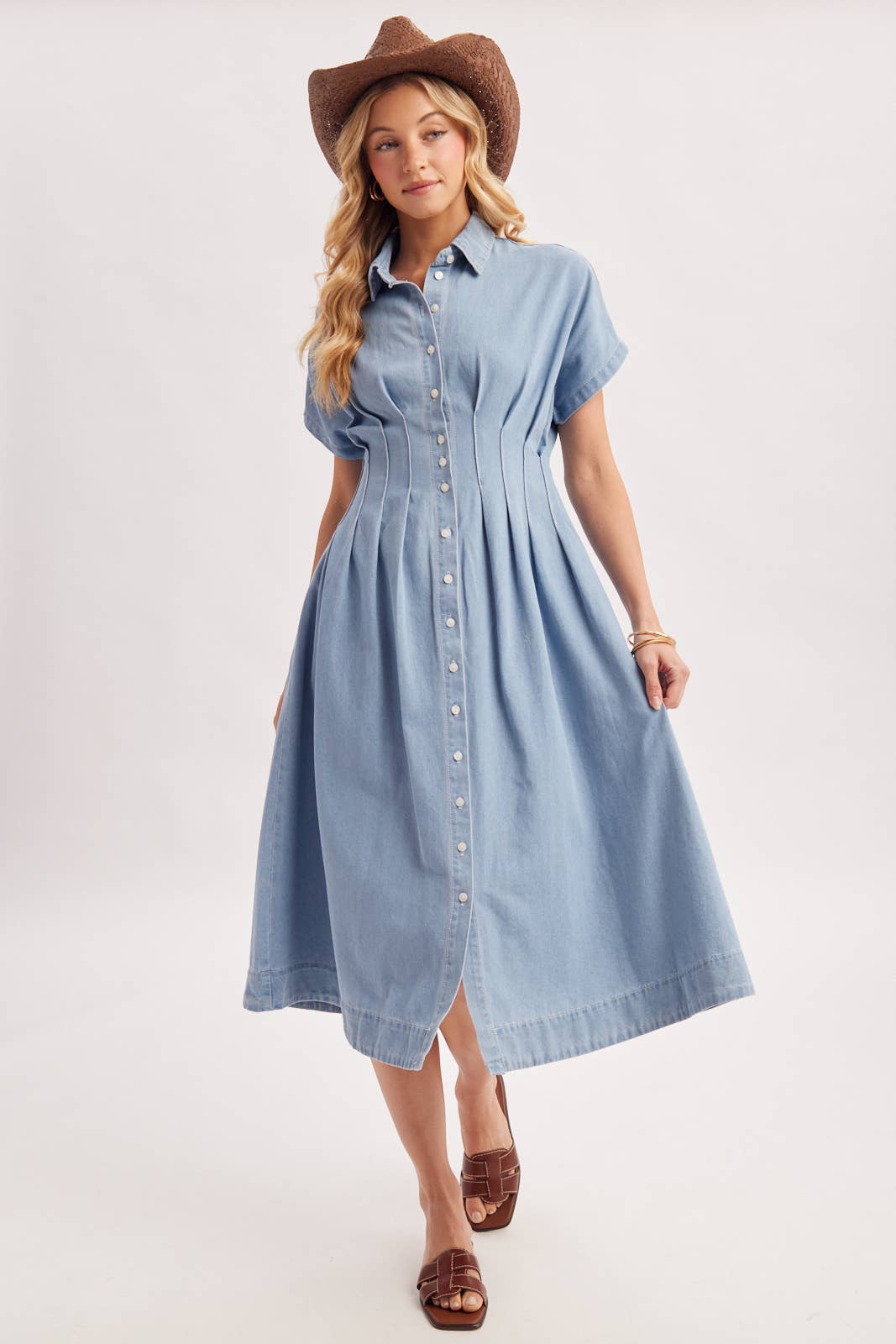 Bailey Pleated Waist Button Down Shirt Dress ~ Light Denim