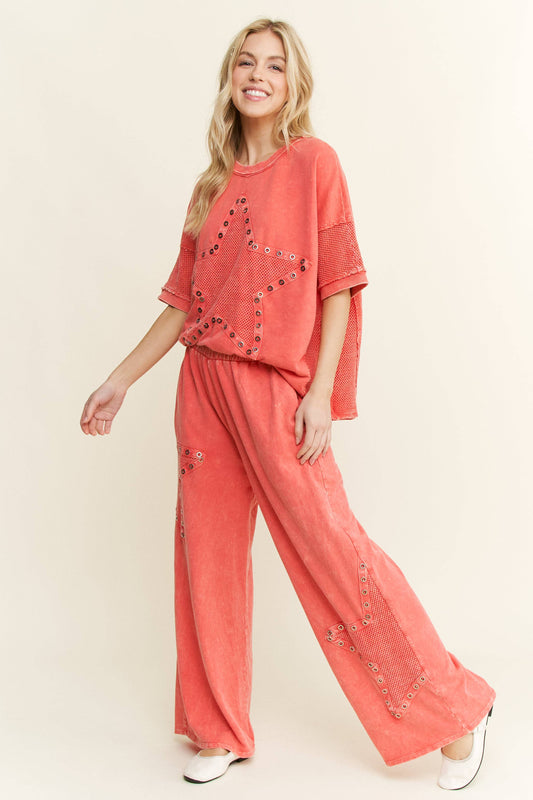 Millie Mineral Wash Mesh Star Pants ~ Orange Red
