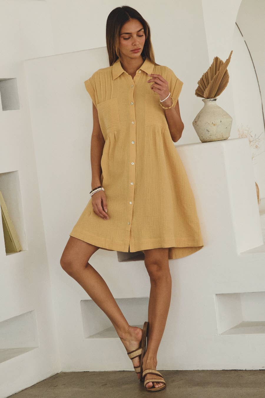 Conner Cotton Gauze Button-Front Dress ~ Butter