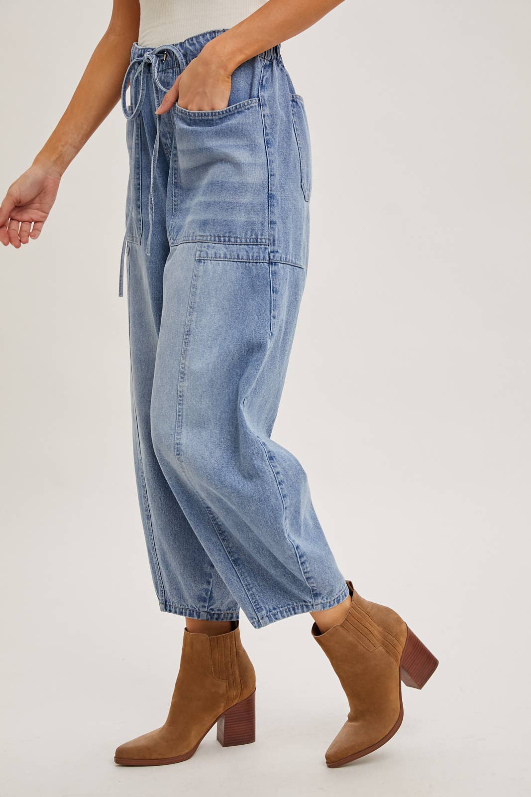 Maya Mid Rise Drawstrings Barrel Jeans ~ Light Denim